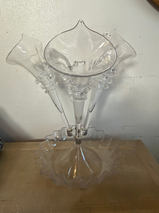 Victorian Clear Glass 3 Horn Epergne 14”