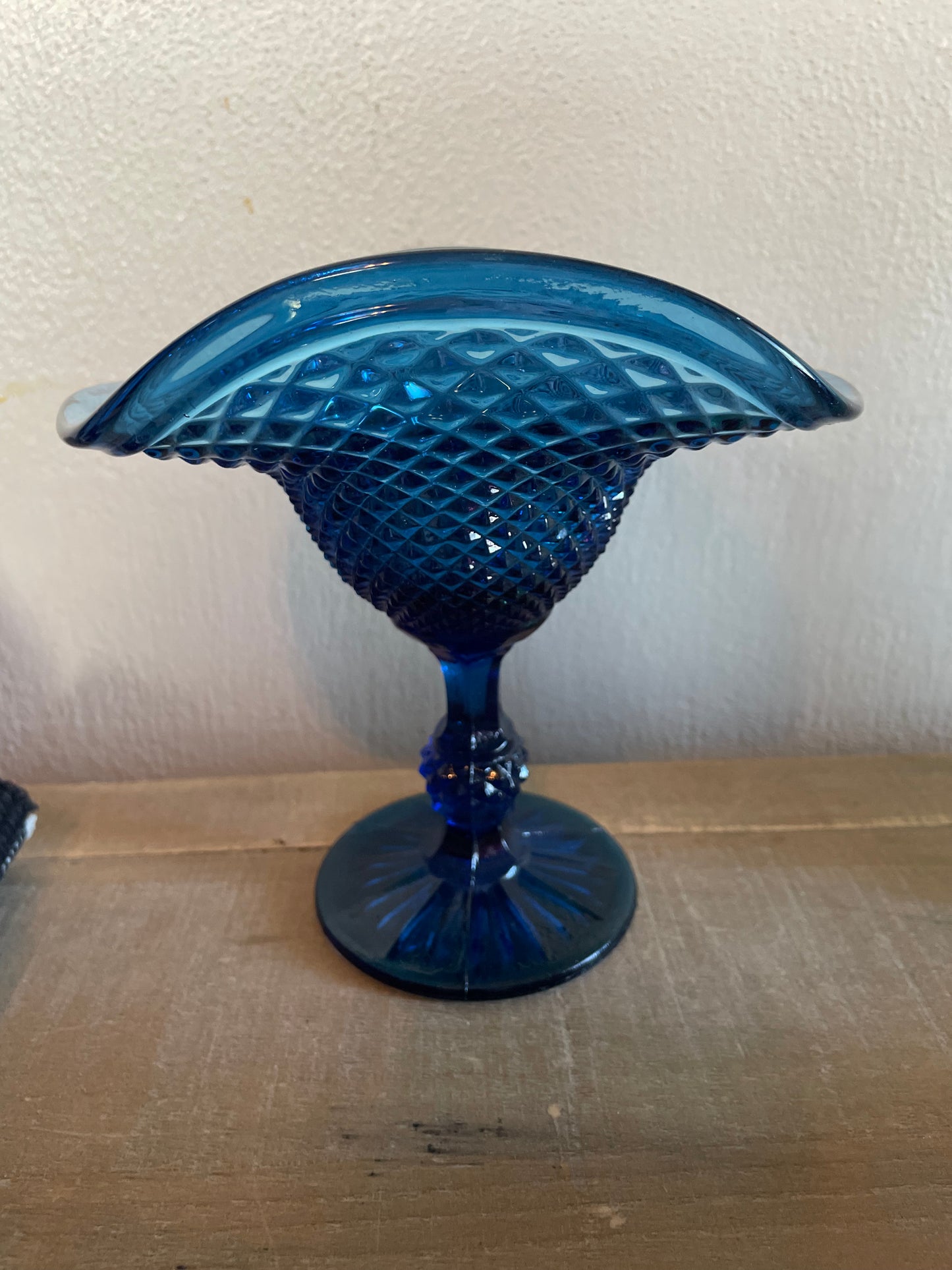 Diamond Point 6” Blue Glass Compote