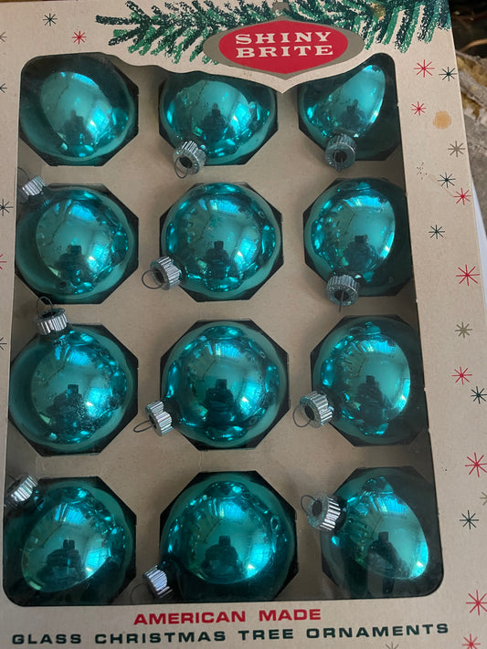 Shiny Brite 12 Blue Glass Ornaments ~ In Box