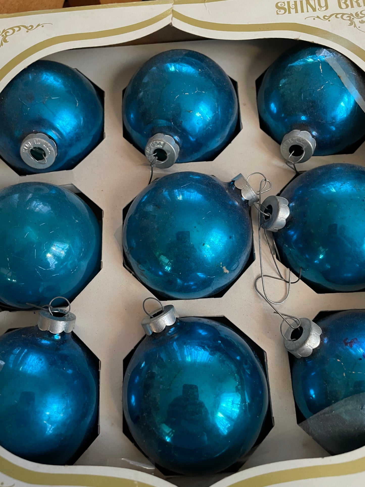 Shiny Brite 9 Blue Glass Ornaments