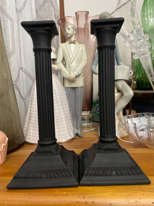 Set of 2 Dalzell and Smithsonian Black Glass Candle Sticks