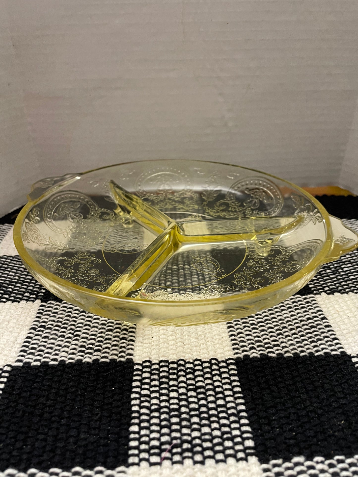 Yellow Depression Glass Sectioned Footed Relish Dish w/ Pier 1 Holiday Glass