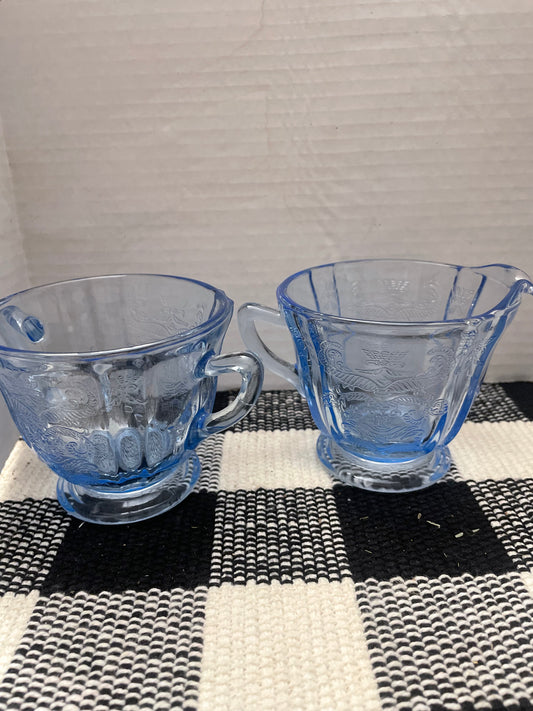 Blue Depression Glass Creamer and Sugar Set