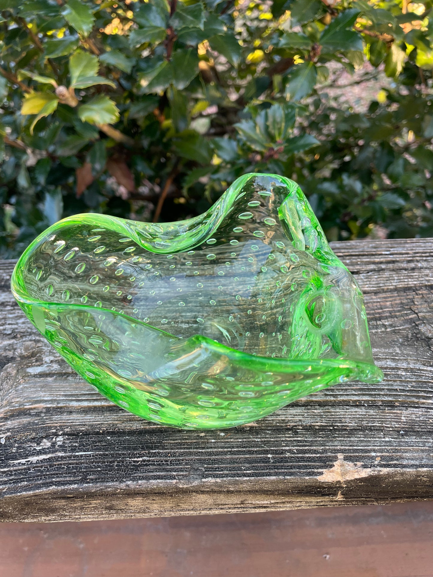 Murano Green Controlled Bubble Trinket Dish 5x2.5”