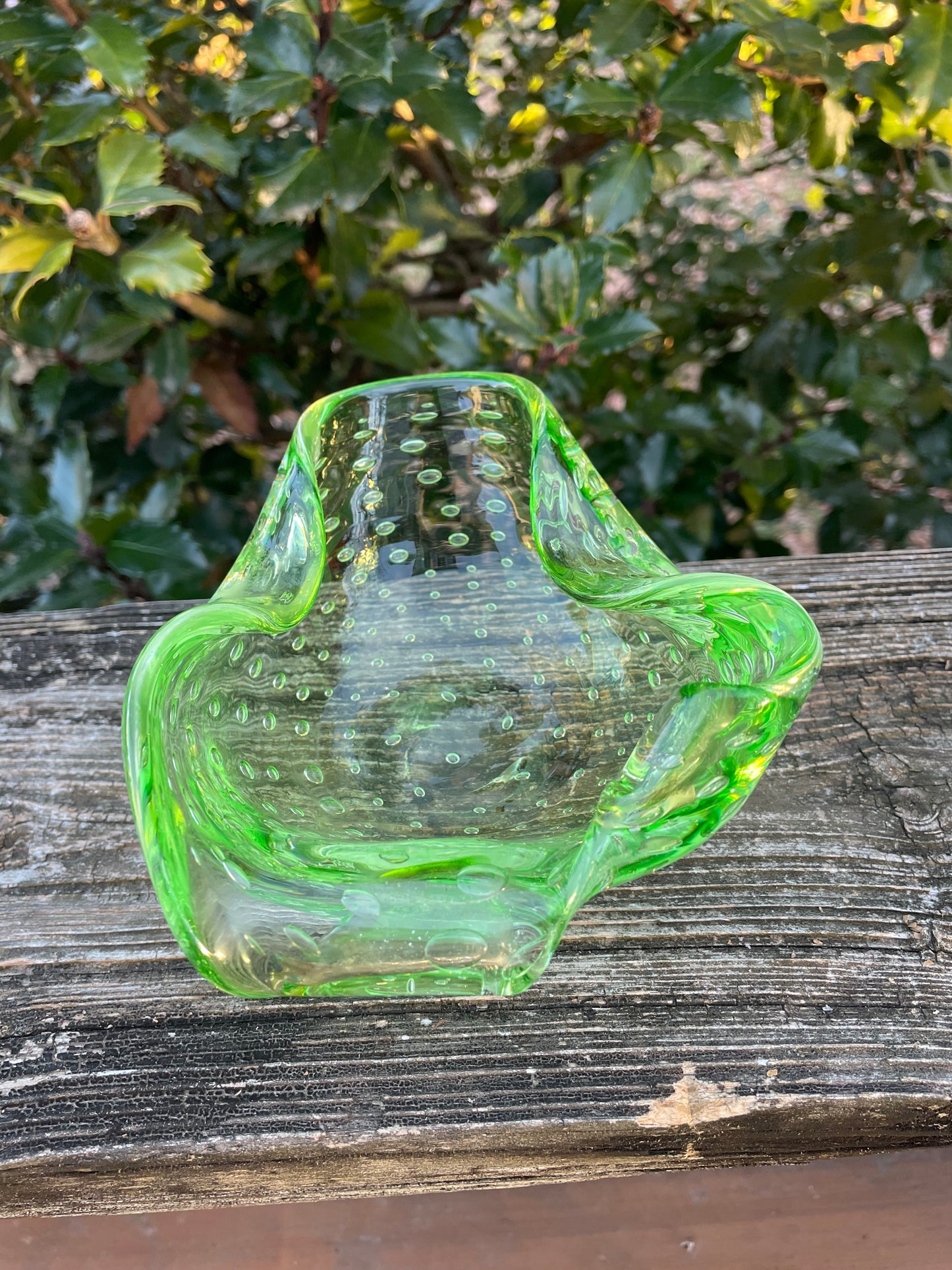 Murano Green Controlled Bubble Trinket Dish 5x2.5”