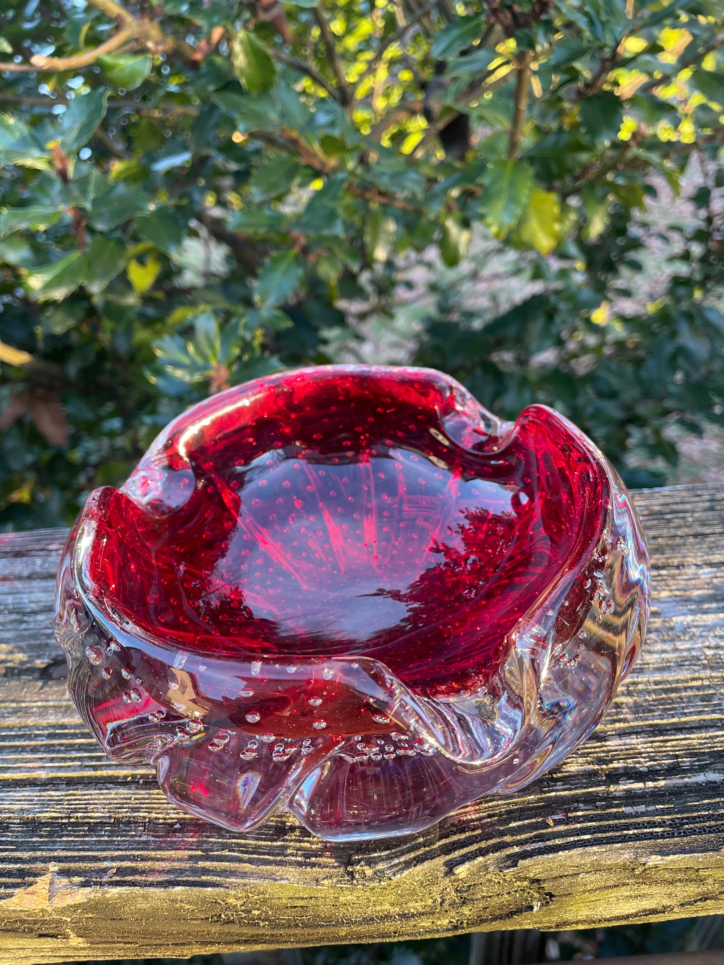 Murano Red Controlled Bubble Cased Glass Ashtray