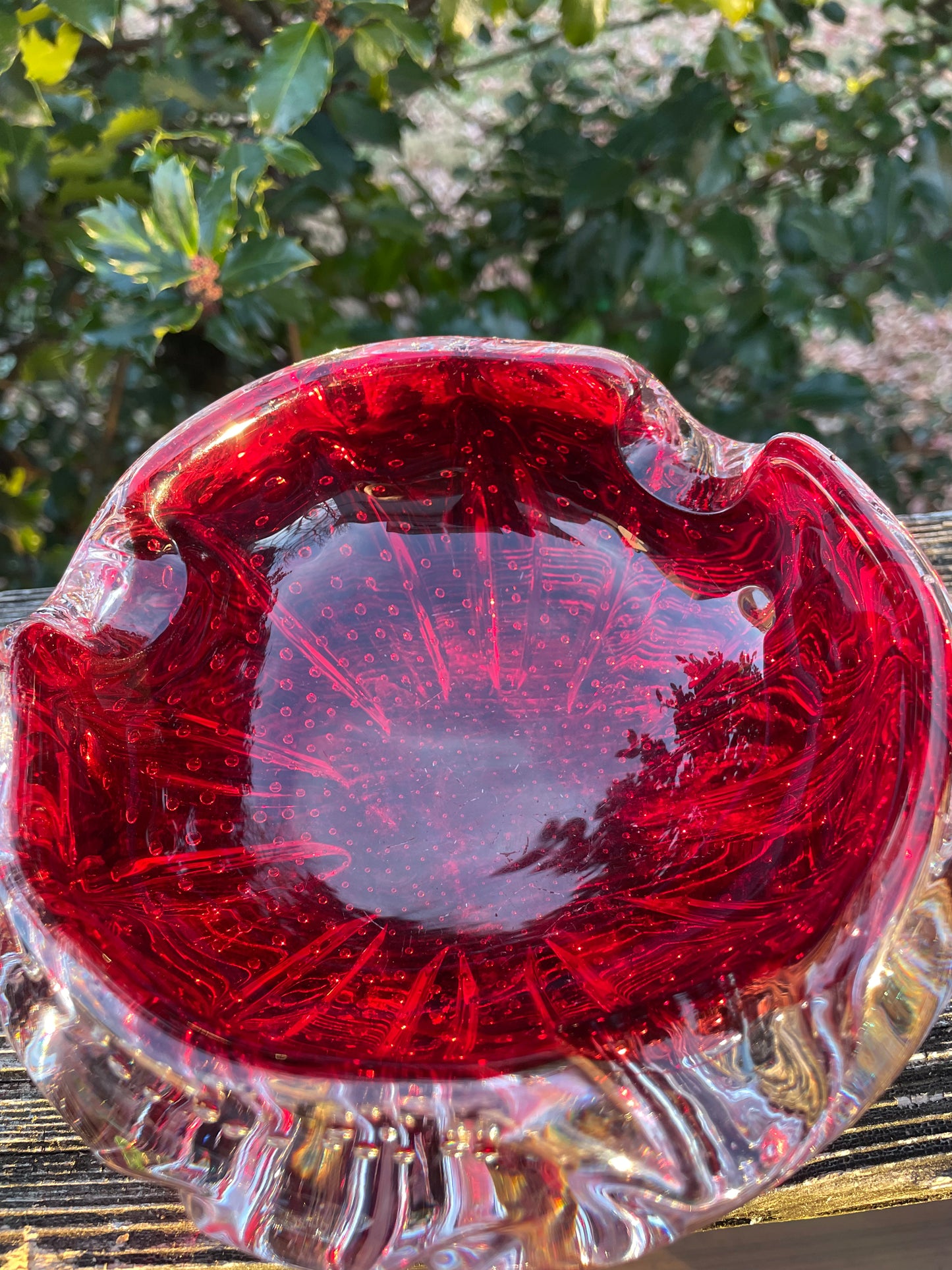 Murano Red Controlled Bubble Cased Glass Ashtray