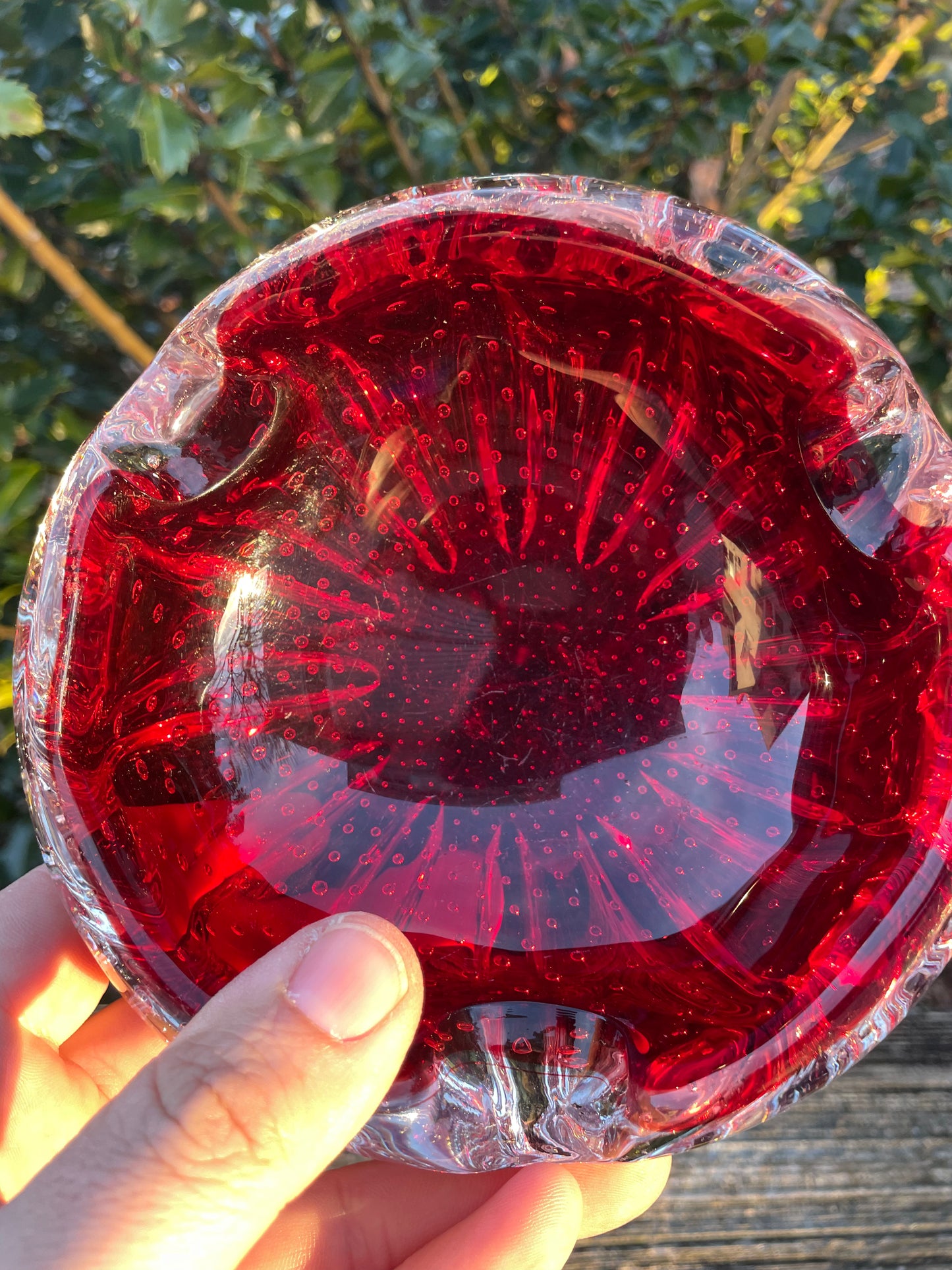 Murano Red Controlled Bubble Cased Glass Ashtray