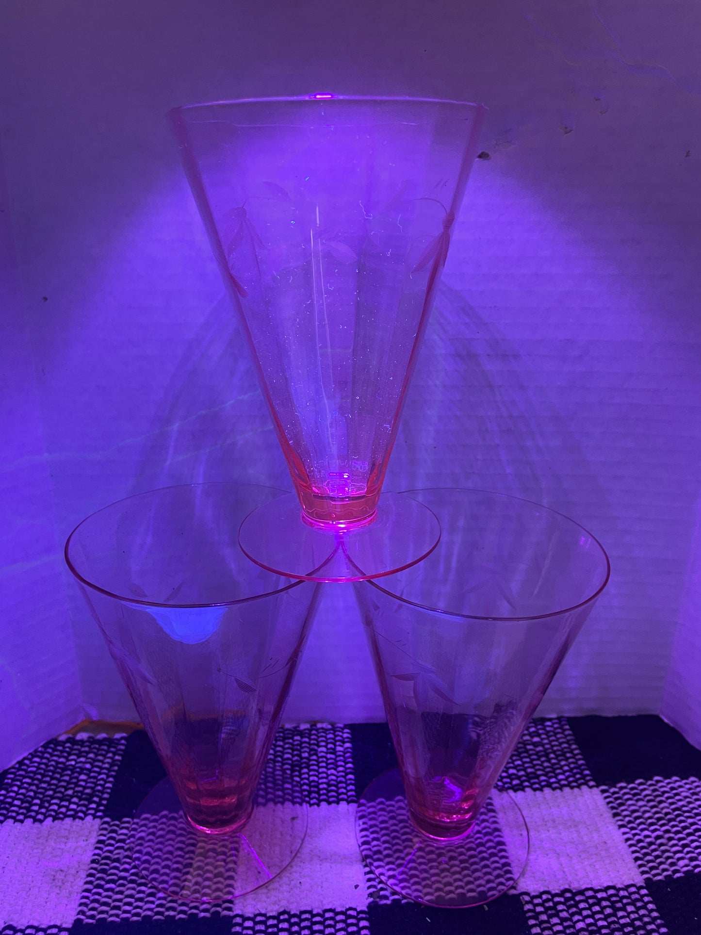 3 Vintage Pink Etched Glasses