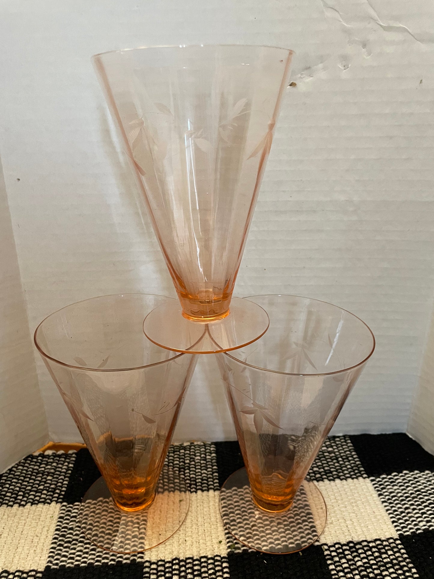 3 Vintage Pink Etched Glasses