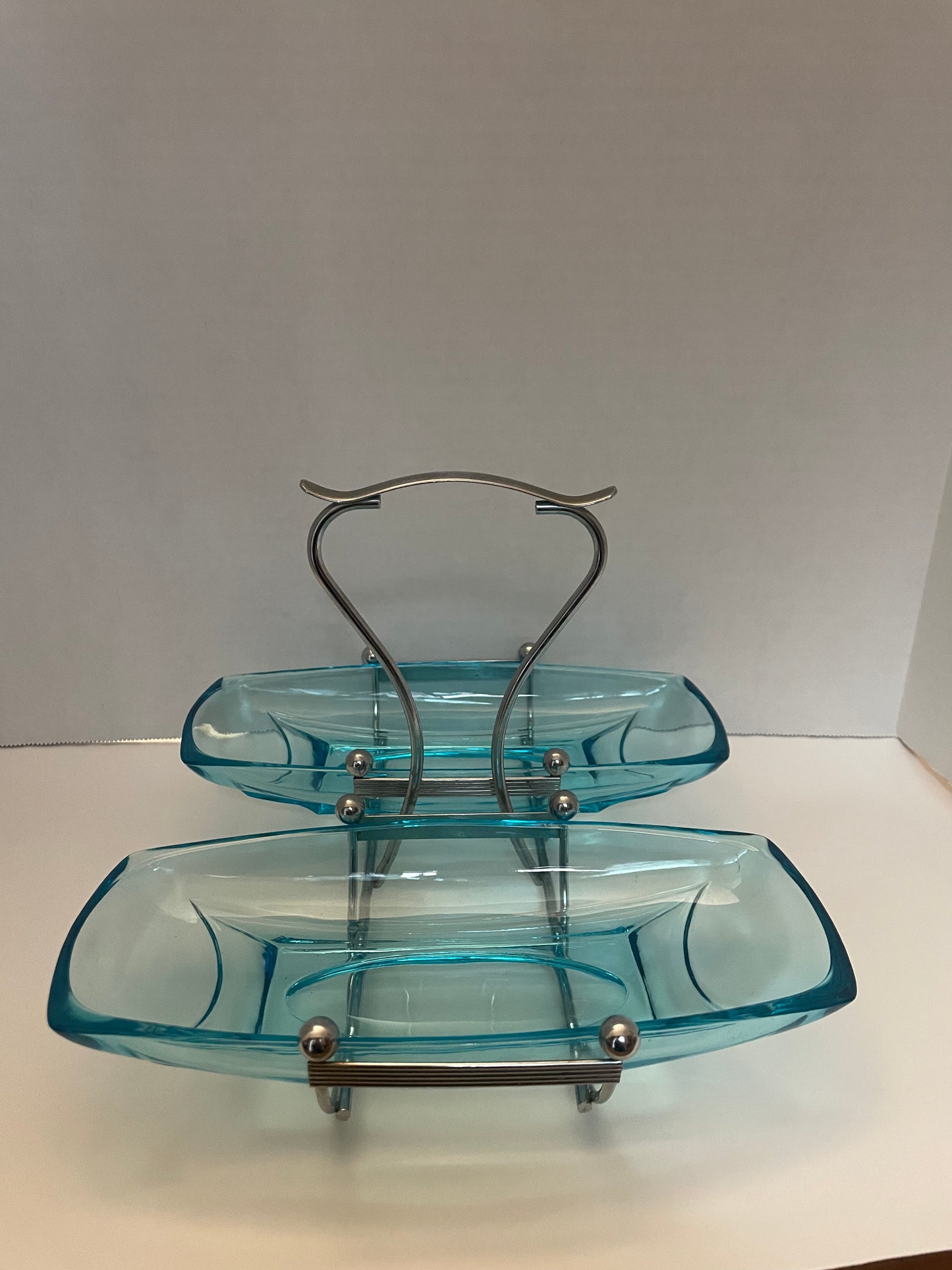 Hazel Atlas Capri Blue Double Serving Dish With Metal Rack