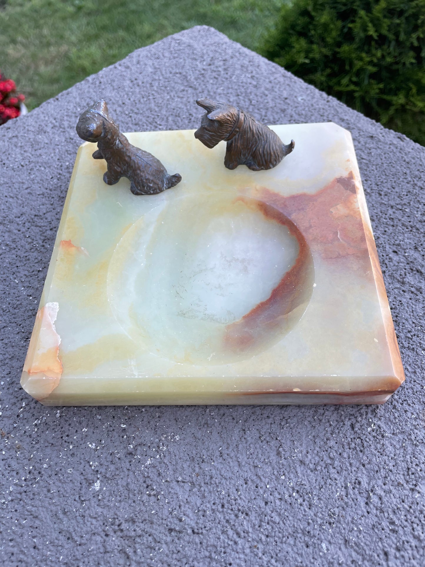 Art Deco Solid Green Stone with Cast Iron Scottie Dogs