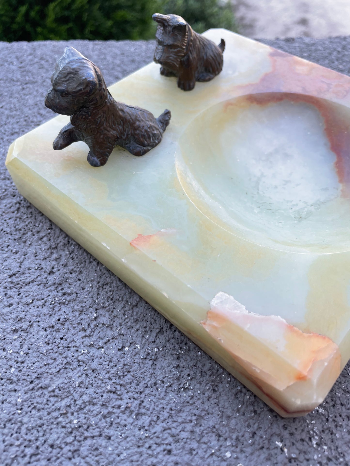 Art Deco Solid Green Stone with Cast Iron Scottie Dogs