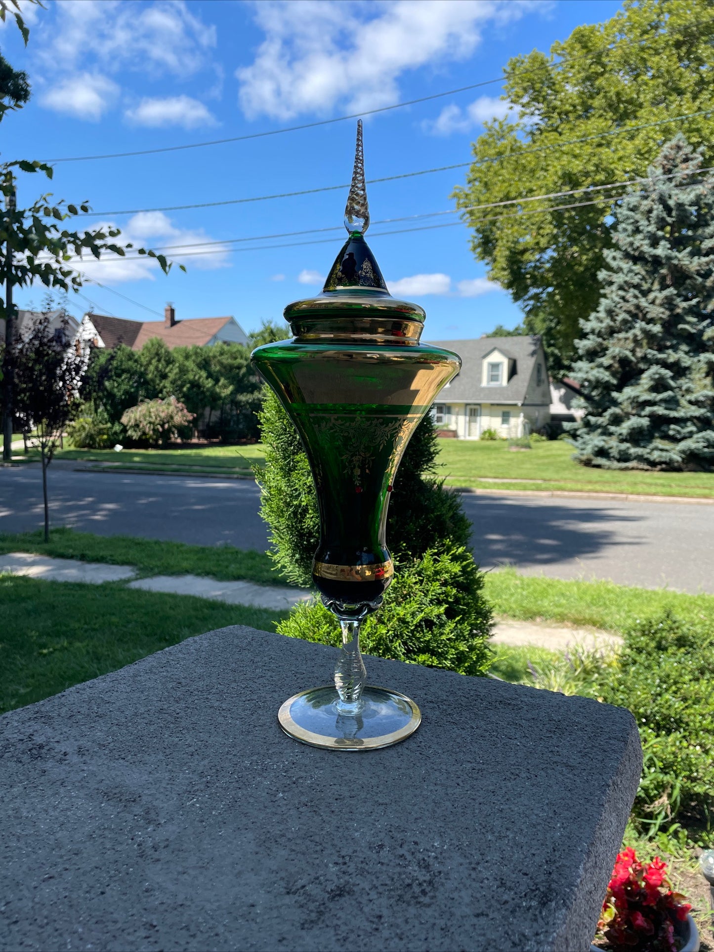 Bohemian Czech Vintage Green Glass Gold Gild Lidded Compote 17.5”