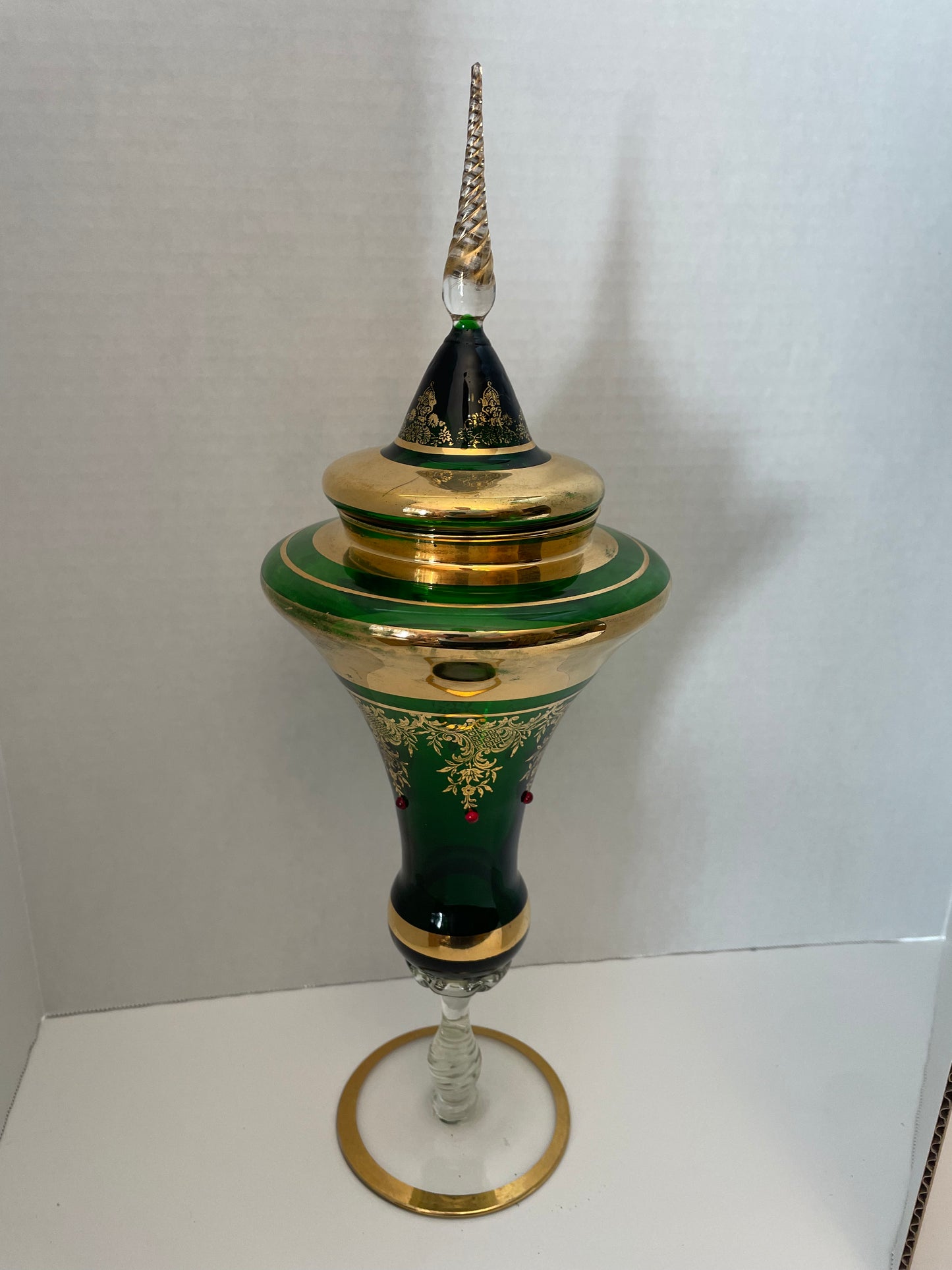 Bohemian Czech Vintage Green Glass Gold Gild Lidded Compote 17.5”