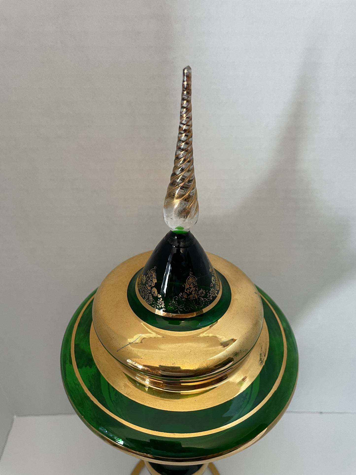 Bohemian Czech Vintage Green Glass Gold Gild Lidded Compote 17.5”