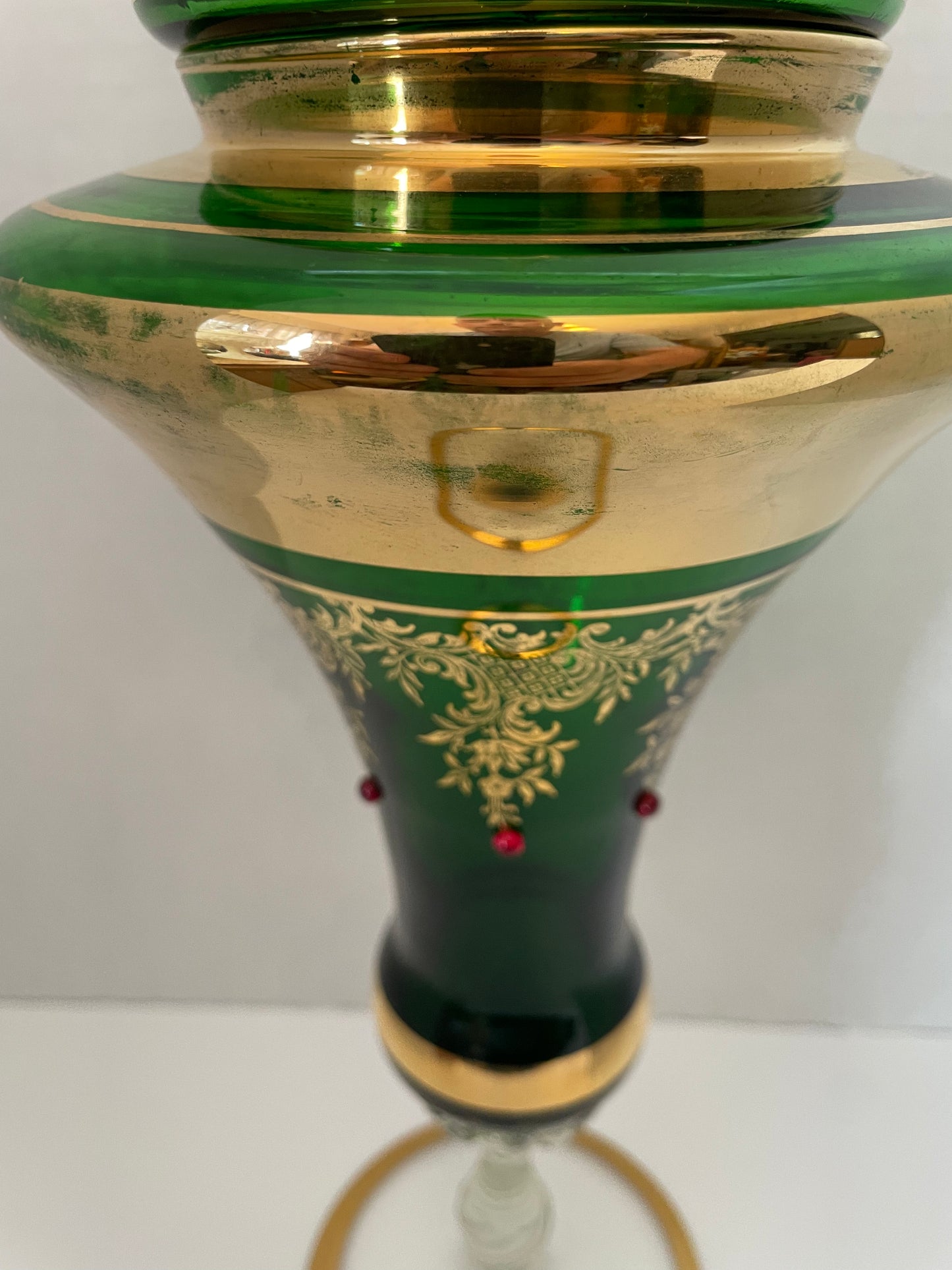 Bohemian Czech Vintage Green Glass Gold Gild Lidded Compote 17.5”