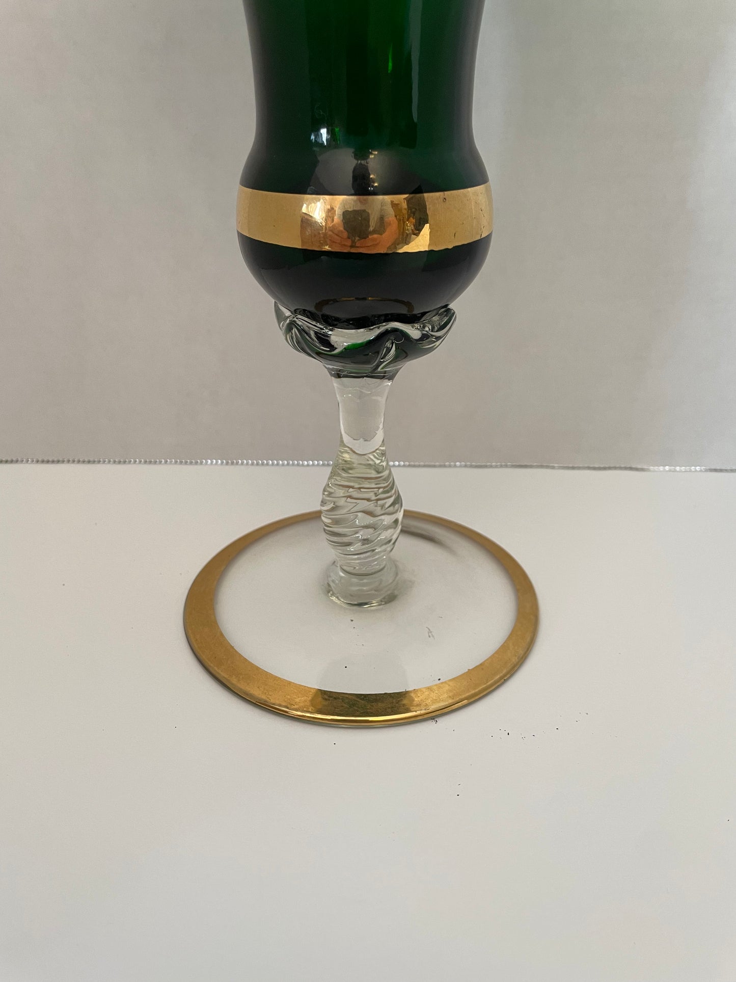 Bohemian Czech Vintage Green Glass Gold Gild Lidded Compote 17.5”