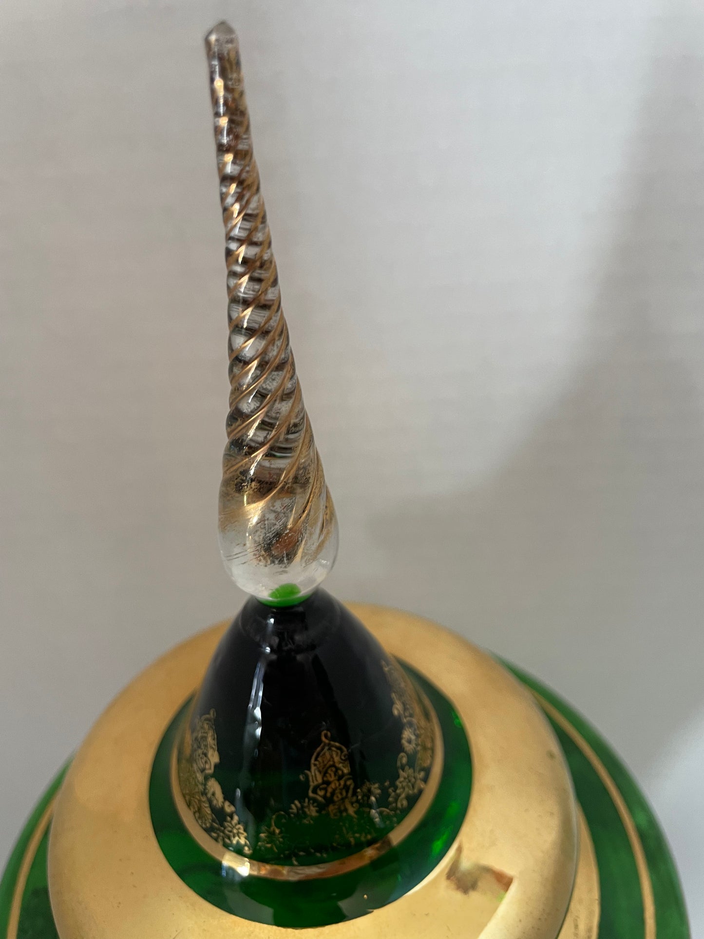 Bohemian Czech Vintage Green Glass Gold Gild Lidded Compote 17.5”