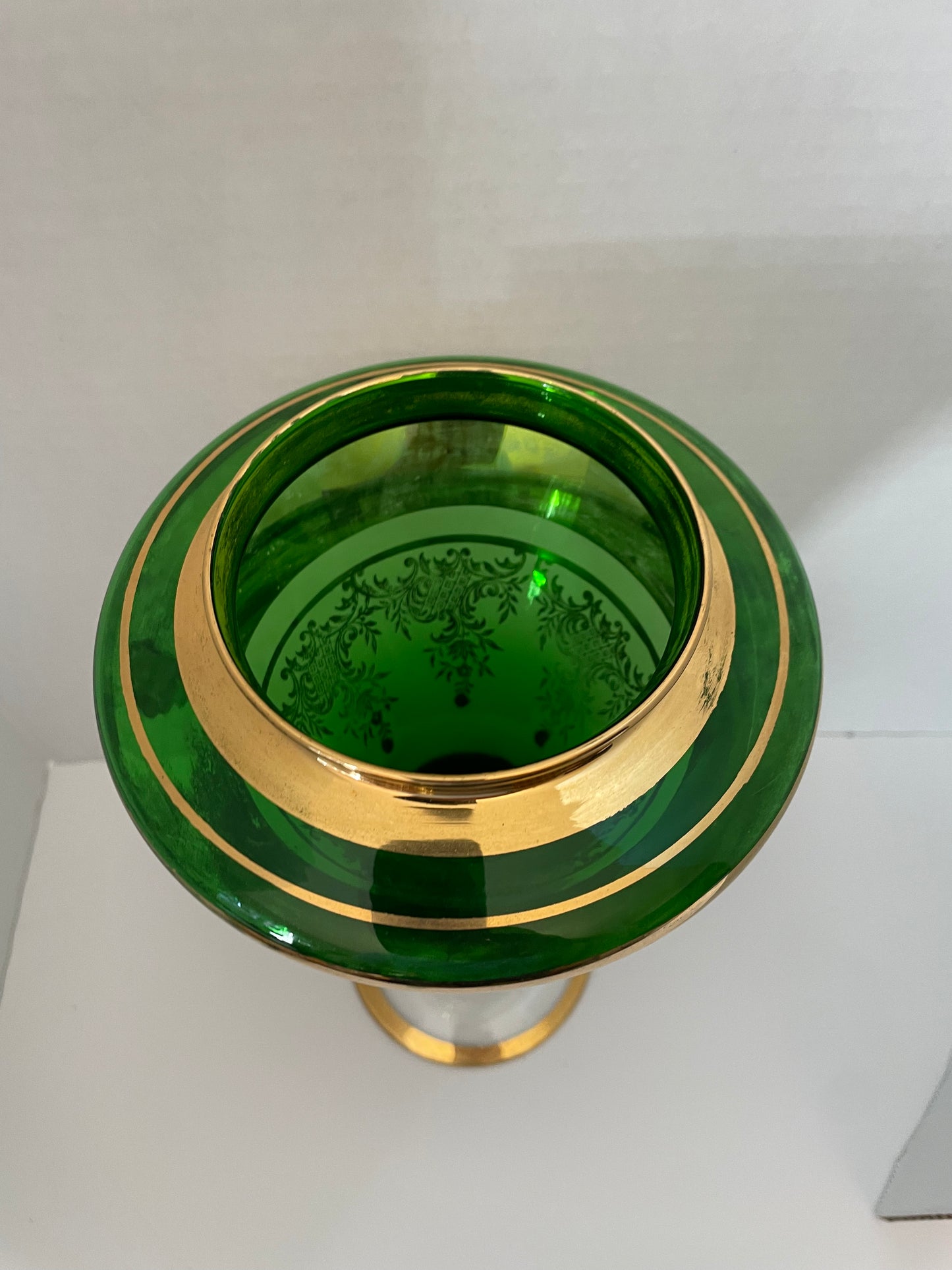 Bohemian Czech Vintage Green Glass Gold Gild Lidded Compote 17.5”