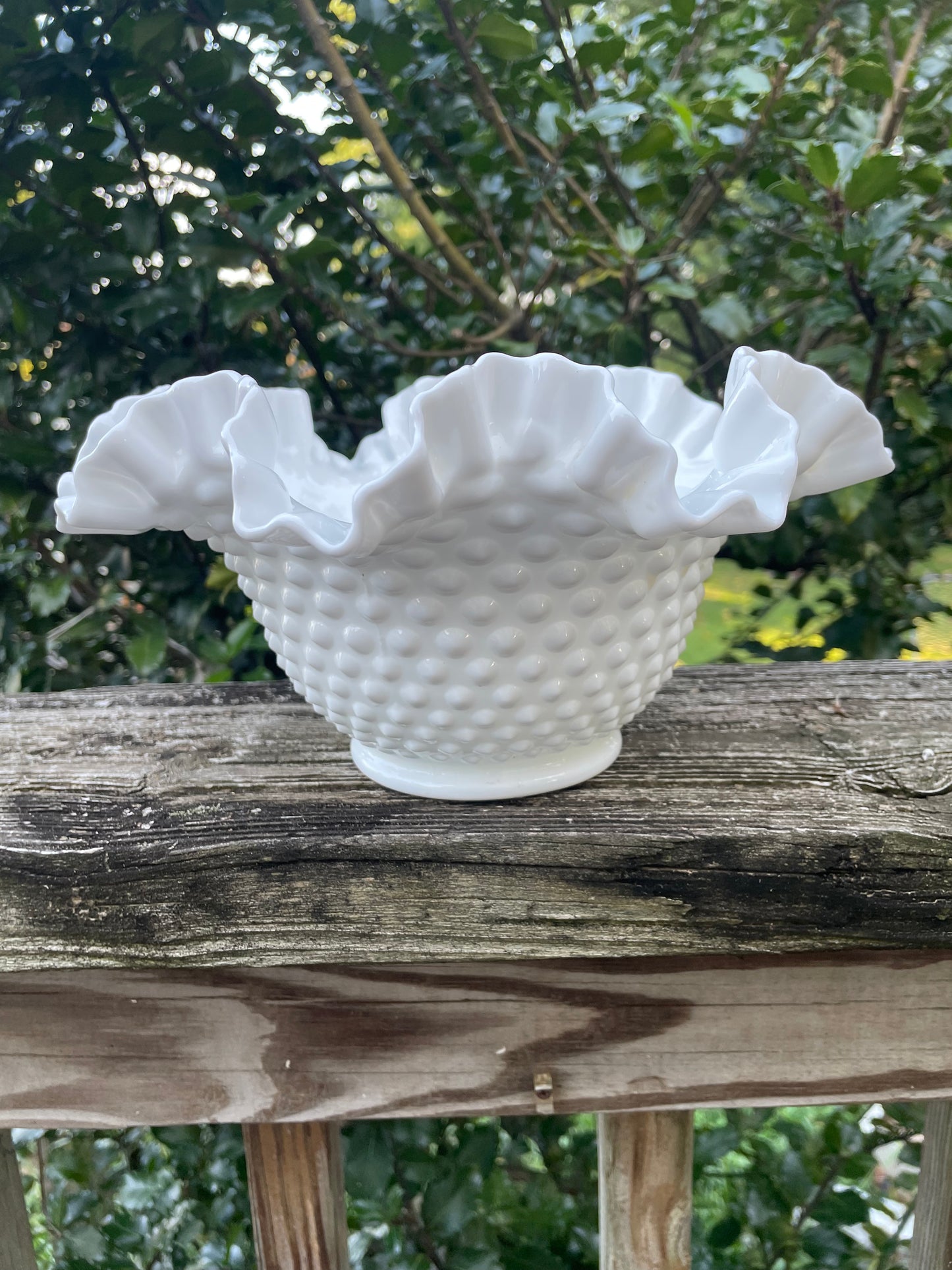 Fenton Hobnail Milk Glass Ruffled Bowl