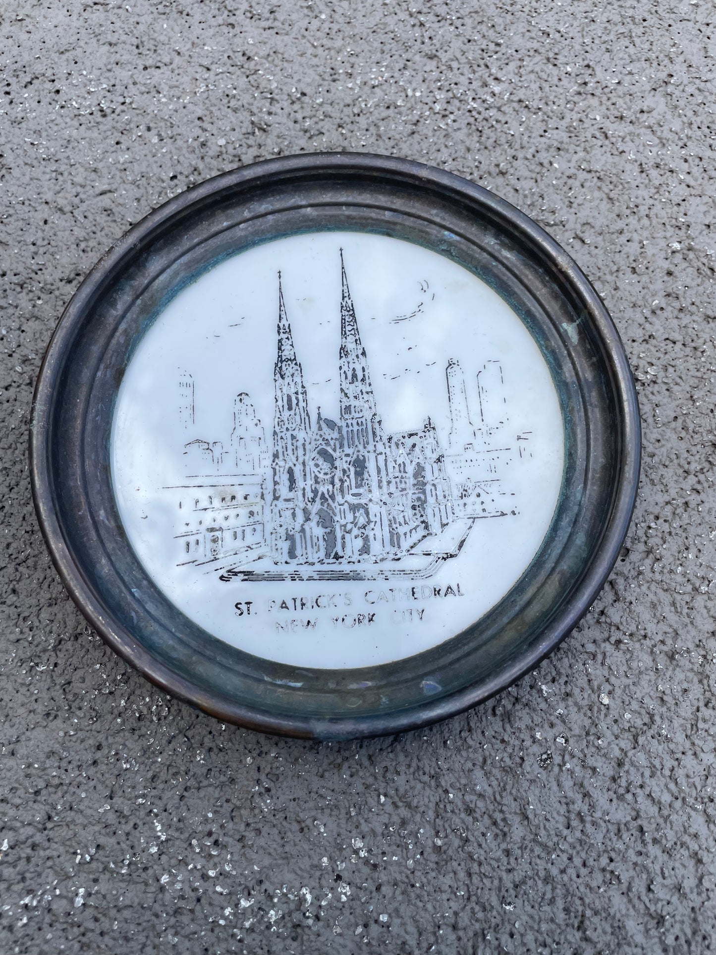 St. Patrick’s Cathedral Milk Glass and Brass Coaster