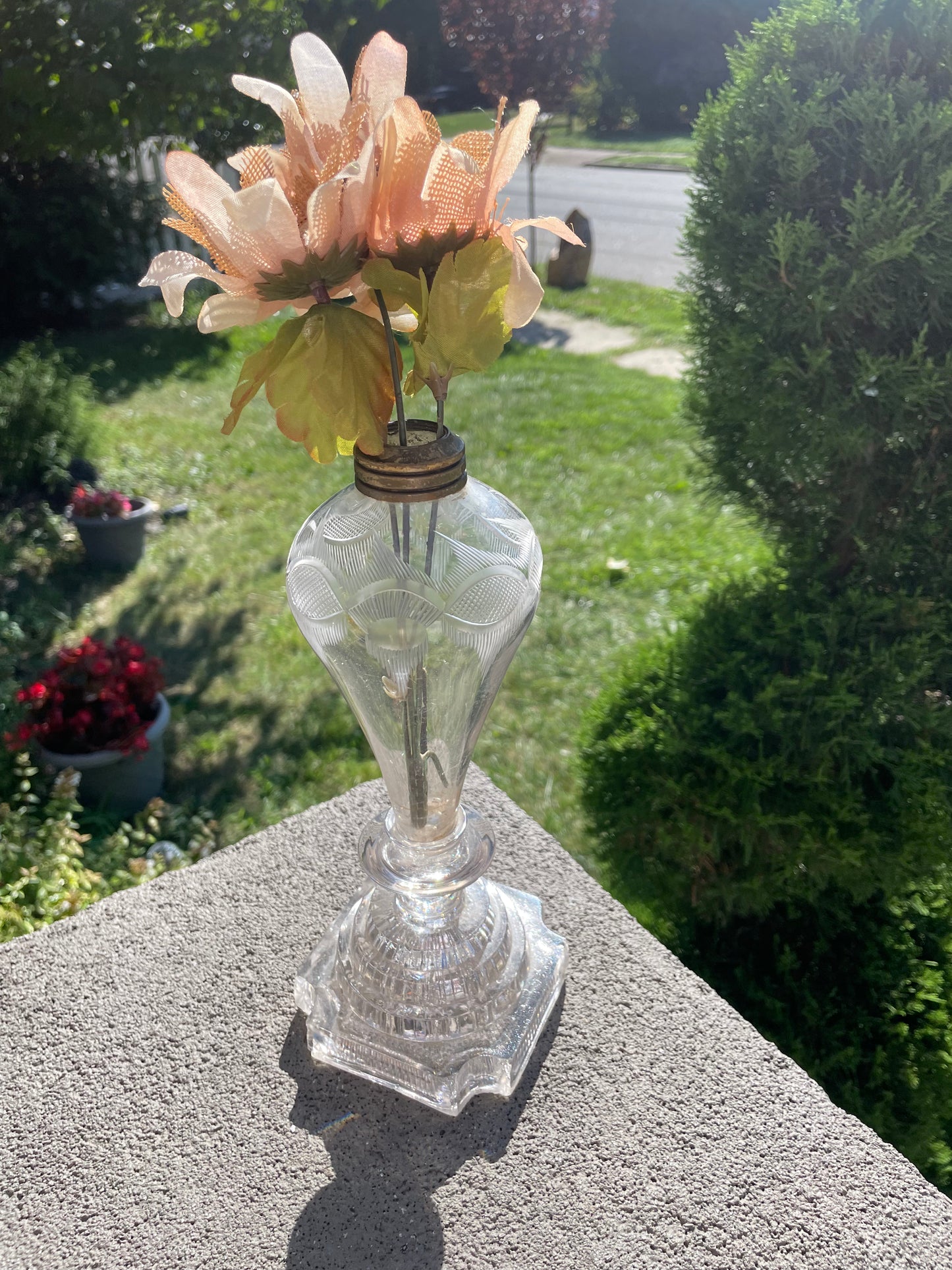 Hollywood Regency Etched Glass Oil Lamp/Vase