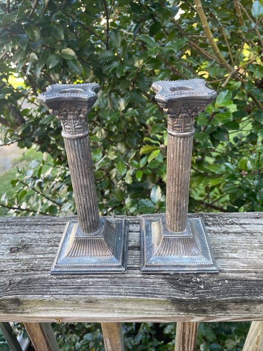 Vintage Pair of Corinthian Silver Column Candlesticks