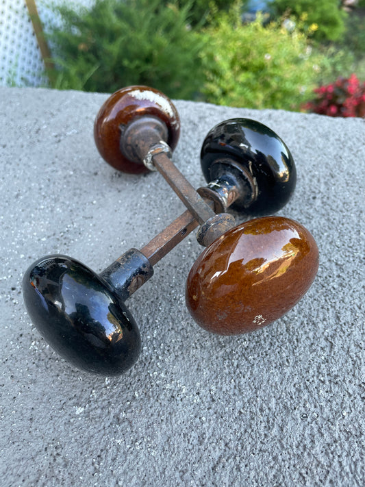 2 Vintage Metal and Enamel Doorknobs