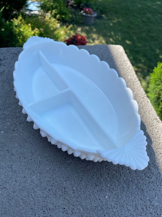 Fenton Hobnail Milk Glass Divided Oval Relish Dish