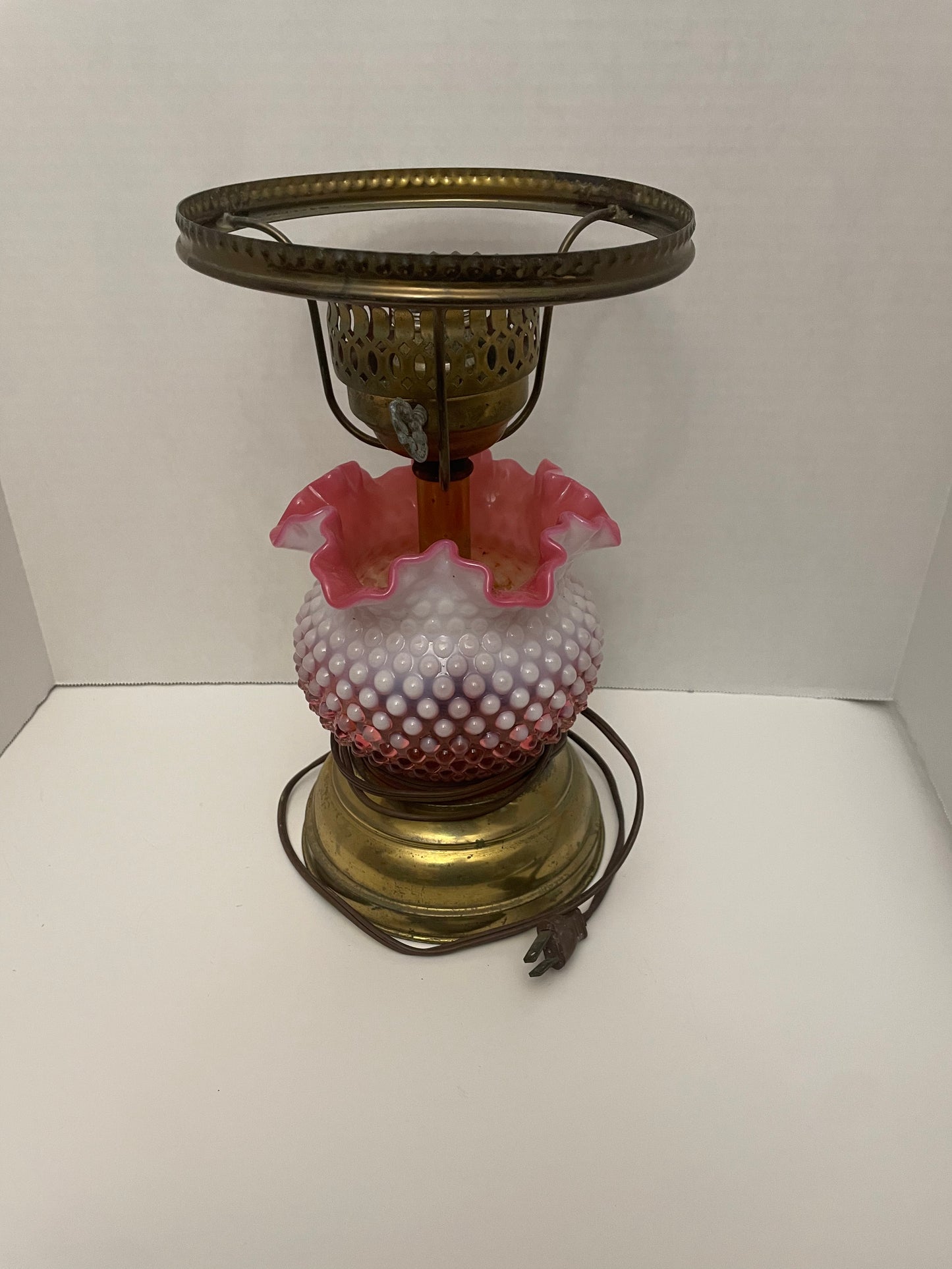 Fenton Cranberry Hobnail Rose Bowl Brass Lamp