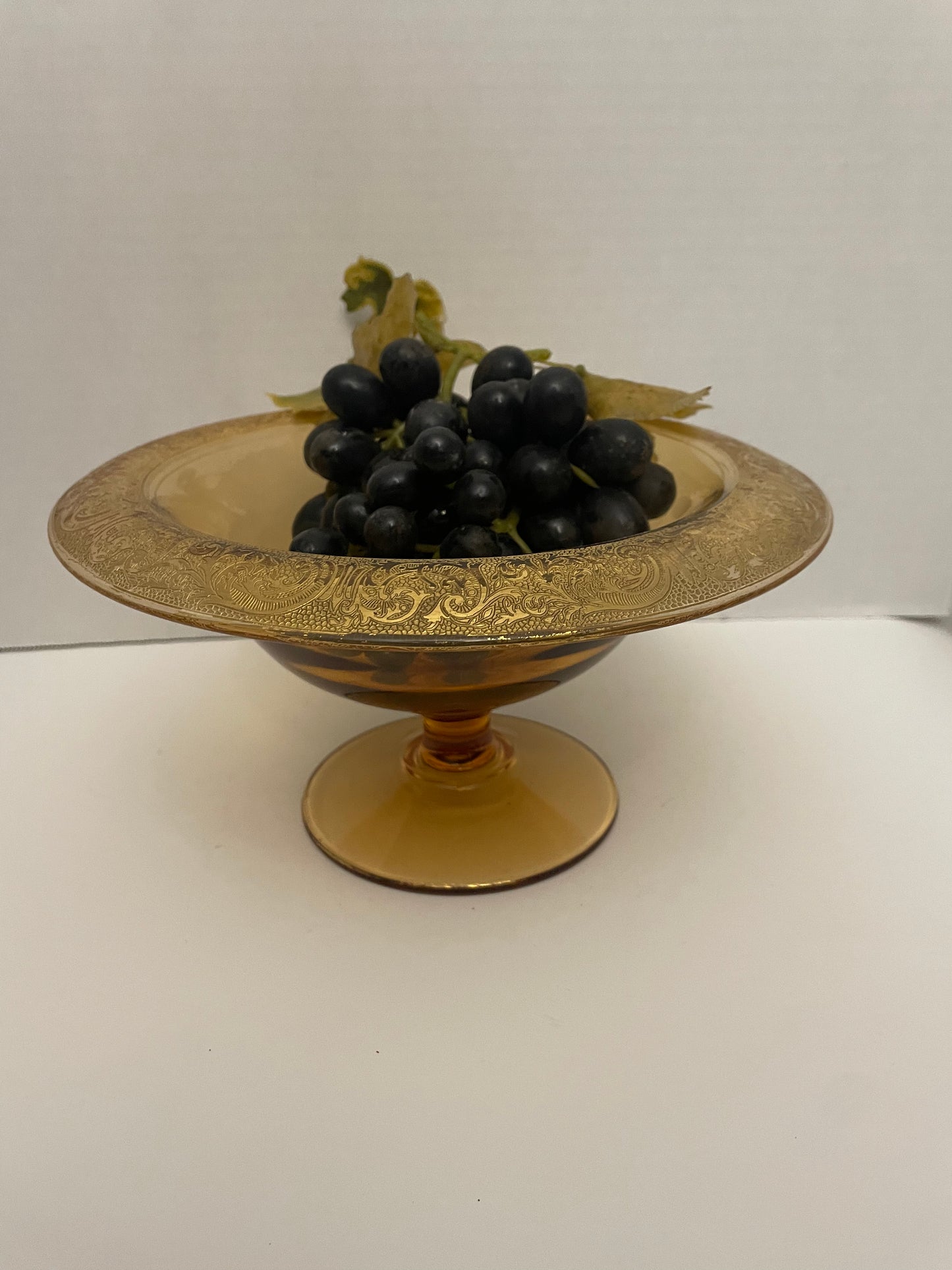 Amber Depression Glass Etched with Gold Accent Console Footed Bowl with Vintage Plastic Grapes