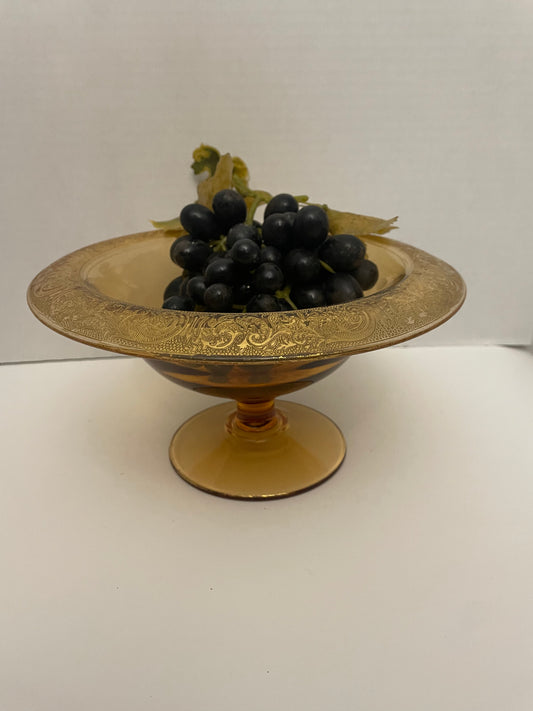 Amber Depression Glass Etched with Gold Accent Console Footed Bowl with Vintage Plastic Grapes