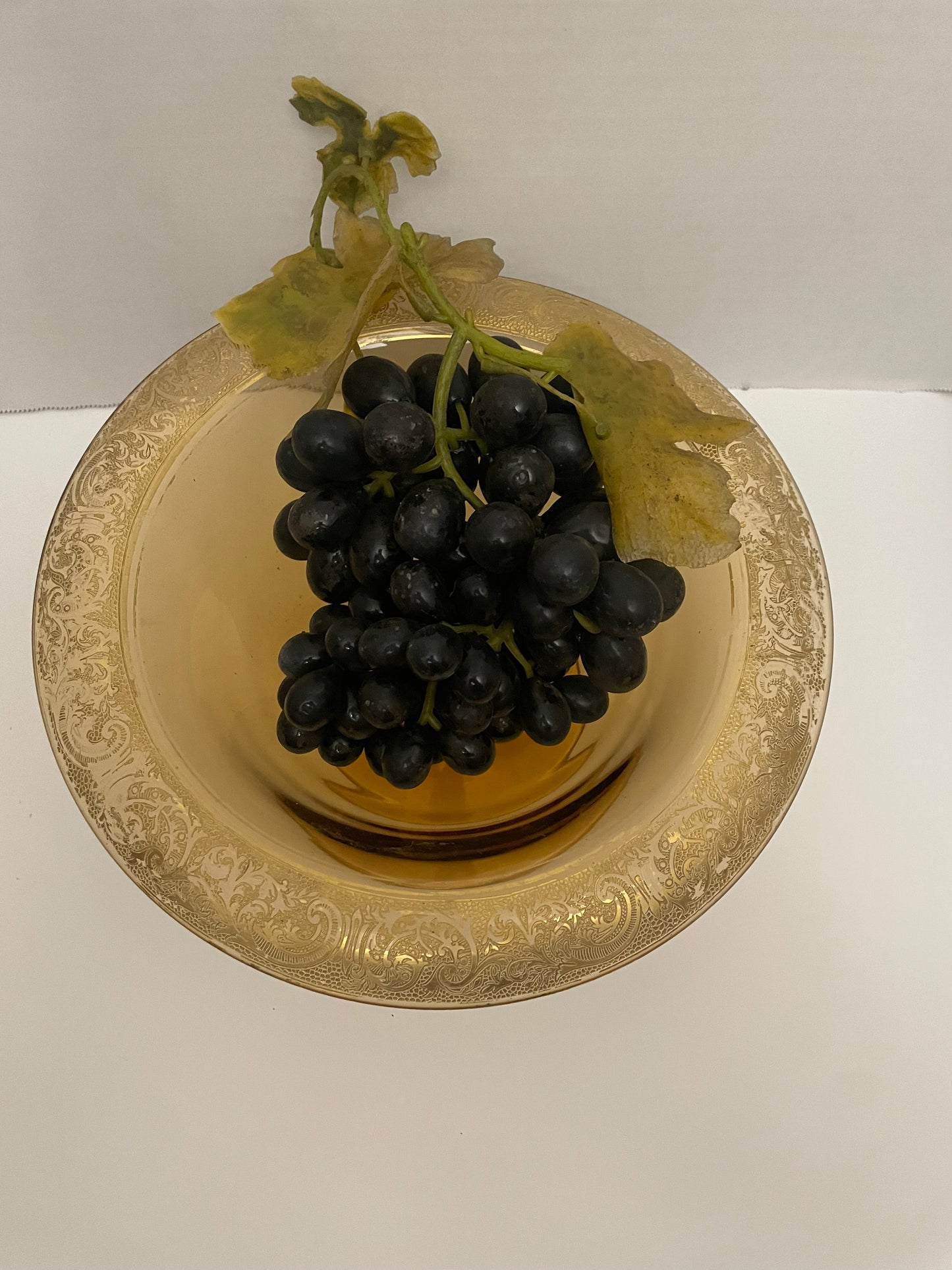 Amber Depression Glass Etched with Gold Accent Console Footed Bowl with Vintage Plastic Grapes