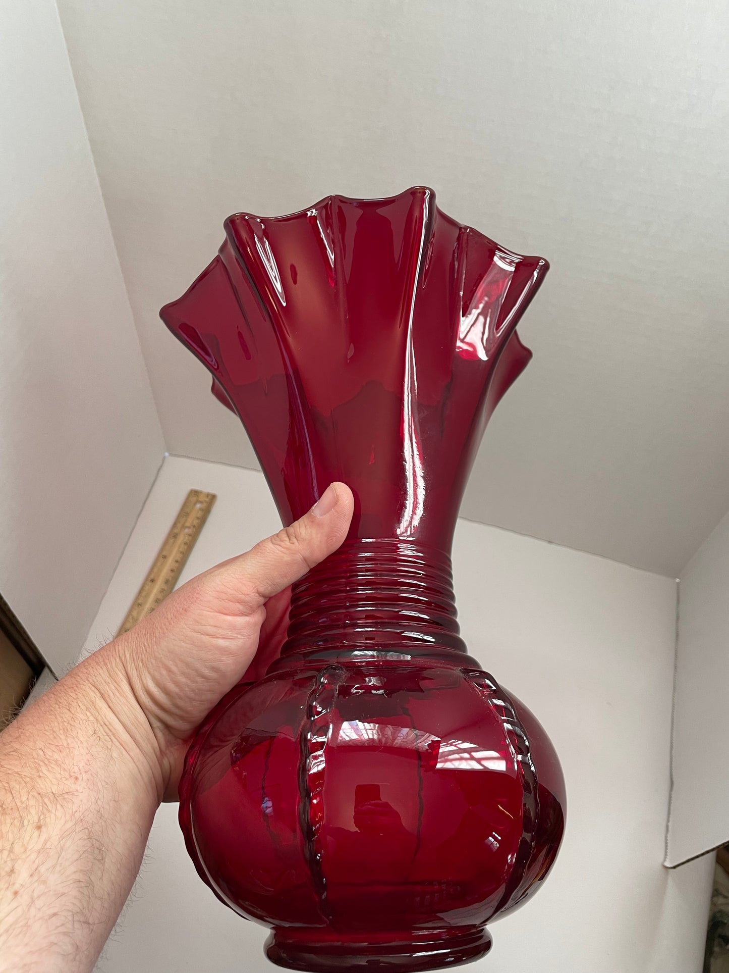 Martinsville Ruby Red Radiance Depression Glass Vase 12”