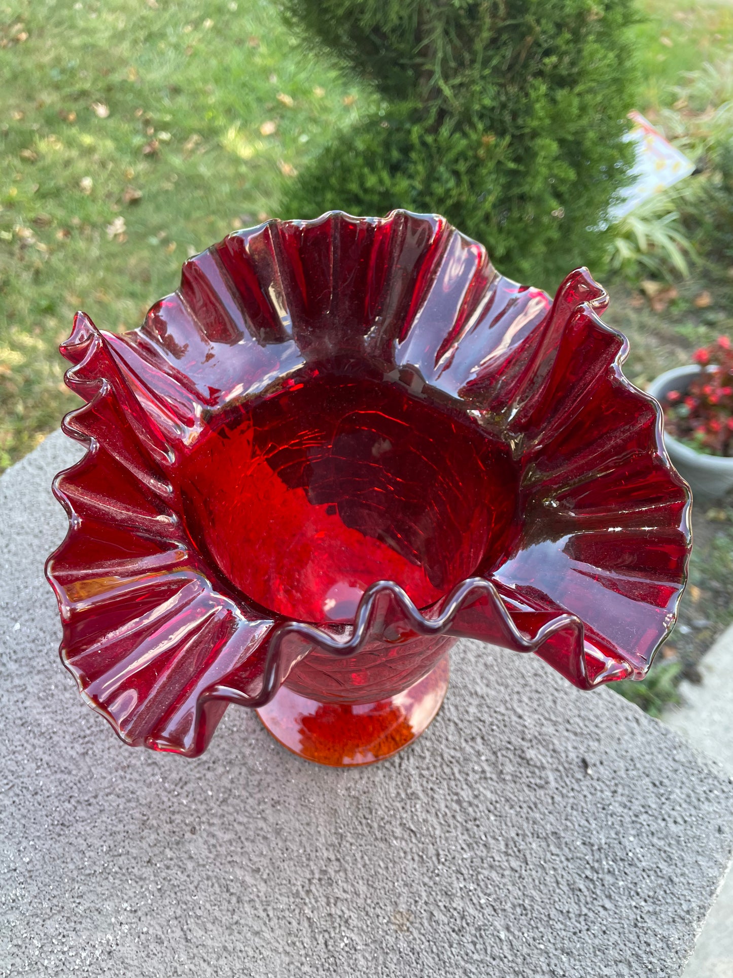 Blenko Amberina Ruffled Crackle Compote